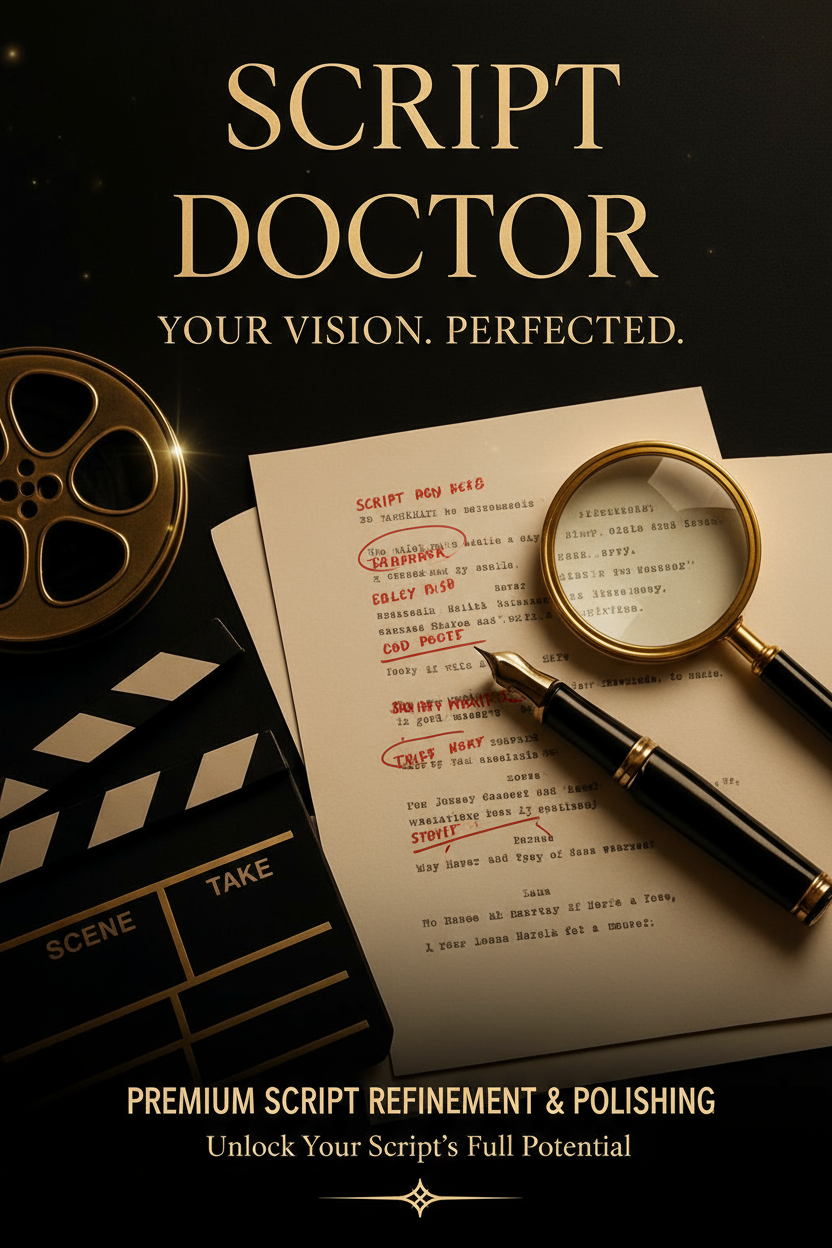 Cartel promocional para venta de servicio de Script Doctor. Mantener los mismos colores y estilo elegante y profesional del cartel actual: tonos dorados, negros y detalles sofisticados, con elementos visuales relacionados con la corrección de guiones o revisión de textos audiovisuales. Incluye un mensaje persuasivo y enfoque premium.