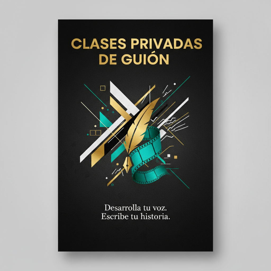 Cartel publicitario moderno, impactante y profesional para clases privadas de guion. Colores: negro, blanco, dorado y turquesa. Solo el texto: 'Clases privadas de guion. Desarrolla tu voz. Escribe tu historia'. Imagen principal: elementos abstractos relacionados con la escritura o cine, en estilo actual.