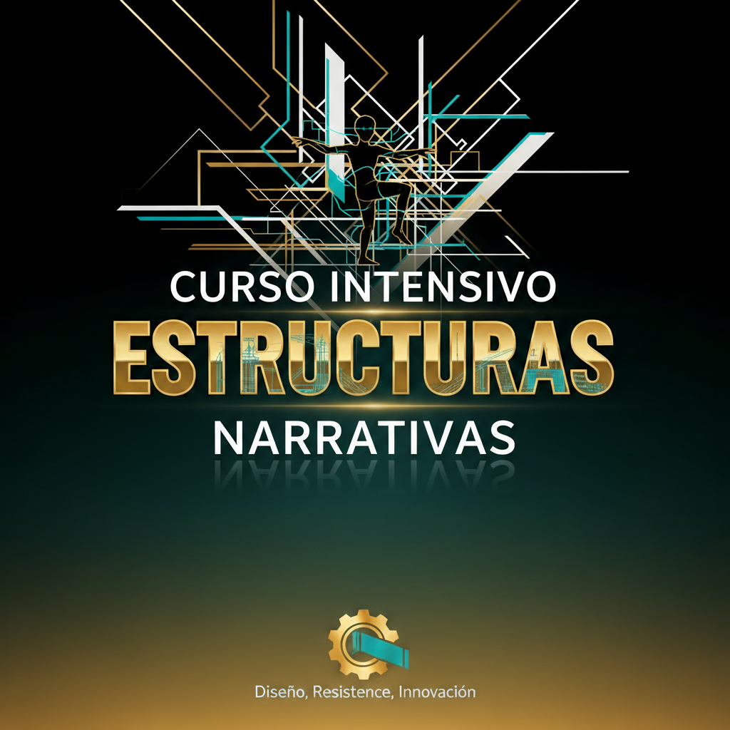 Curso Intensivo de Estructuras. Usa los colores corporativos negro, blanco, dorado y turquesa. Imagen principal: un personaje haciendo equilibrio sobre unas estructuras. Diseño moderno, impactante y profesional. Incluye el texto: 'Curso Intensivo de Estructuras Narrativas'