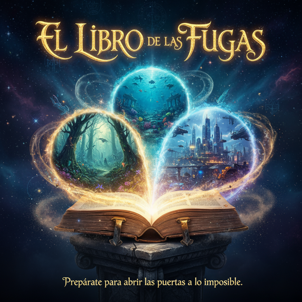 Cartel publicitario para una serie llamada 'El Libro de las Fugas'. Debe mostrar un libro antiguo y mágico abierto, desprendiendo luces y destellos, con portales luminosos saliendo de sus páginas que muestran mundos diversos y sorprendentes (bosques encantados, ciudades futuristas, océanos misteriosos). El fondo es oscuro y mágico. Título destacado: 'El Libro de las Fugas', con tipografía fantástica y envolvente. Tono de aventura y fantasía.