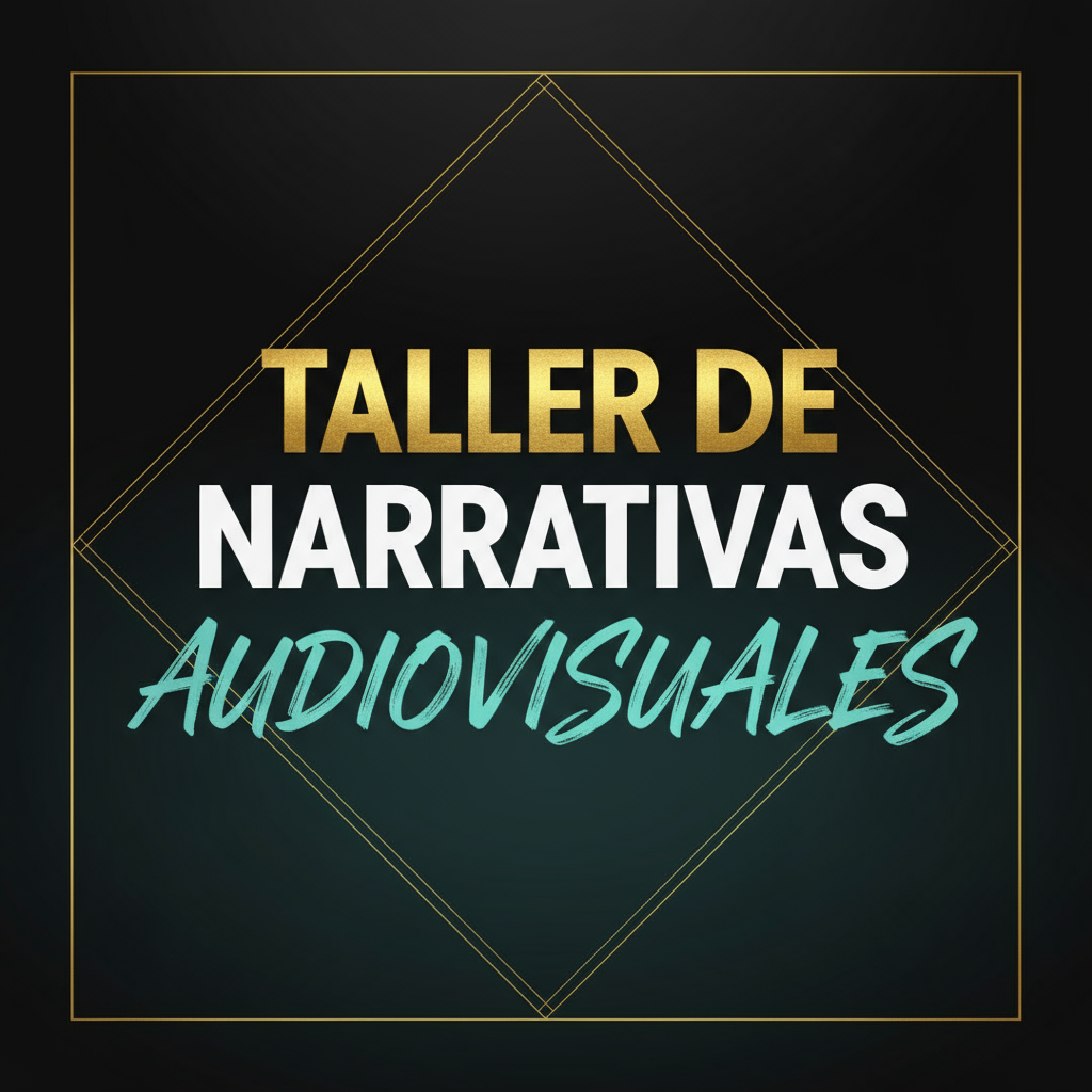 Crear un cartel contemporáneo e impactante solo con el texto 'Taller de Narrativas Audiovisuales', usando un estilo moderno. Utiliza los colores corporativos negro, blanco, dorado y turquesa, enfoque minimalista pero poderoso.