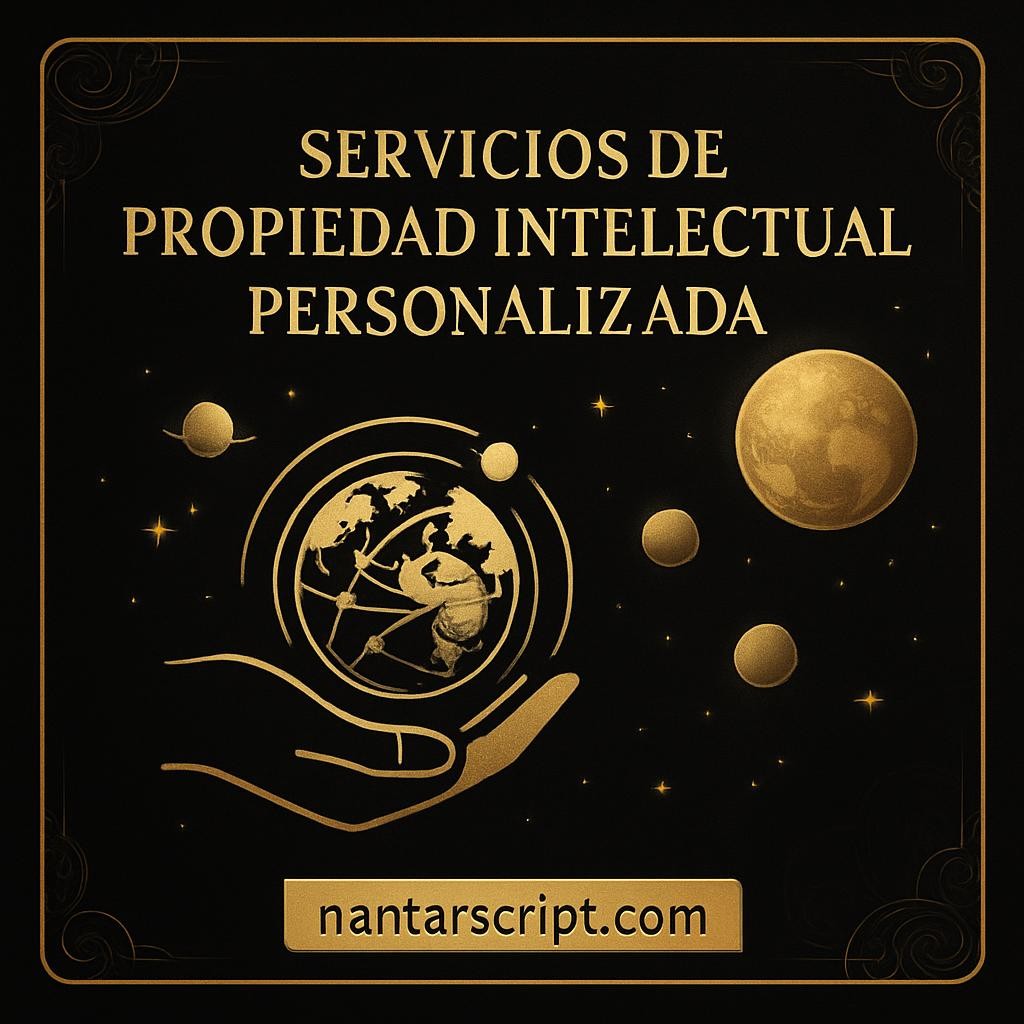 Imagen promocional para vender servicios de propiedad intelectual personalizada. Cambia el fondo azul por negro corporativo (#13191E), utiliza detalles y elementos en dorado corporativo (#D8A45F), mantén el estilo elegante y profesional del sitio web nantar script. Incluye correctamente el texto 'Servicios de propiedad Intelectual Personalizada' si es necesario como texto en la imagen. Elimina cualquier texto incorrecto o color azul. Integra elementos visuales que representen 'vender mundos nuevos'.