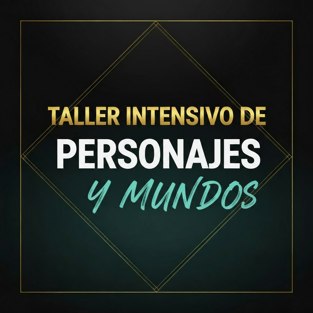Reemplaza el texto por 'Taller intensivo de personajes y mundosS', manteniendo exactamente el mismo estilo, colores y tipografías usadas en el cartel actual. Solo corrige el texto y conserva todo el diseño igual.