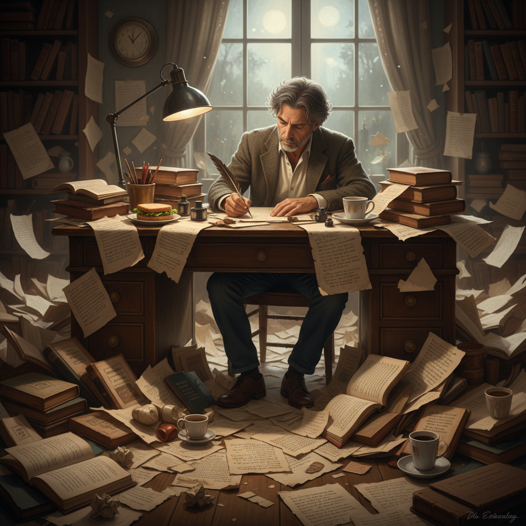 Un poeta en su escritorio escribe poesía rodeado de un caos de papel
