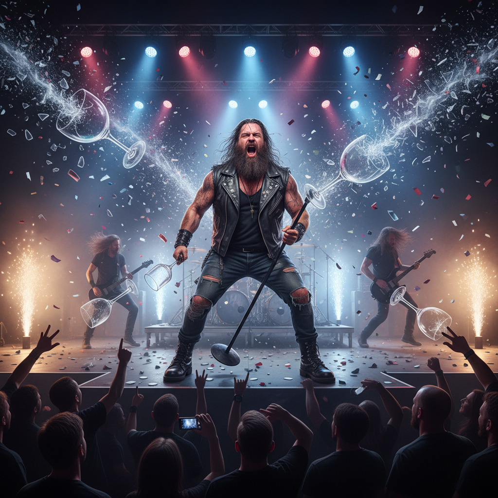 Concierto de rock con un cantante gordo con barba sobre el escenario, cantando apasionadamente, mientras varias copas de cristal se rompen.