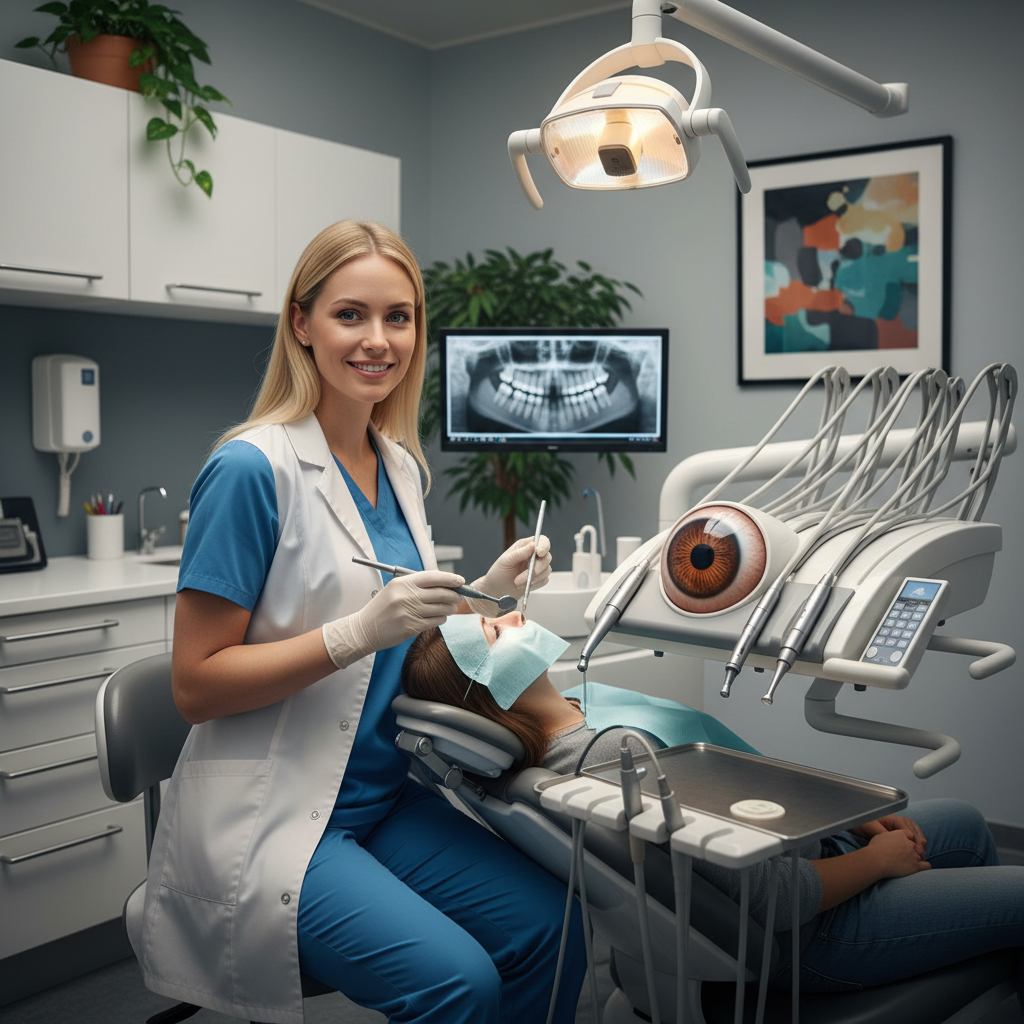 mujer rubia dentista en el consultorio, la maquina de arreglar los dientes tiene un gran ojo integrado