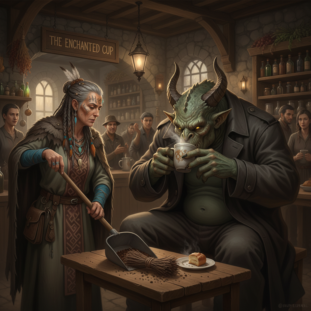 Una vieja chamana limpia la mesa en una cafetería donde hay un monstruo sentado bebiendo café