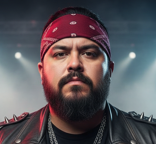 primer plano de hombre de 30 años, gordo, rasgos latinos, vestido de rockero