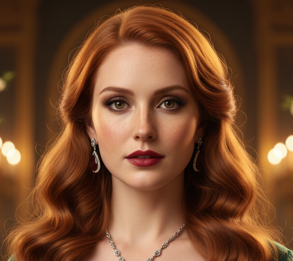 primer plano de mujer pelirroja vestida elegantemente