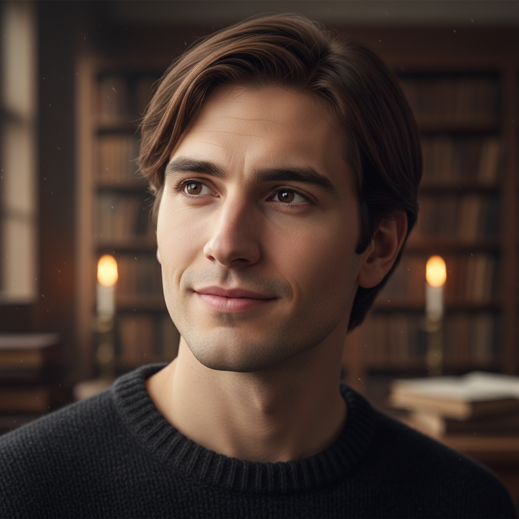 primer plano de un joven de pelo lacio castaño y ojos negros, rasgos judios, expresion inspirada