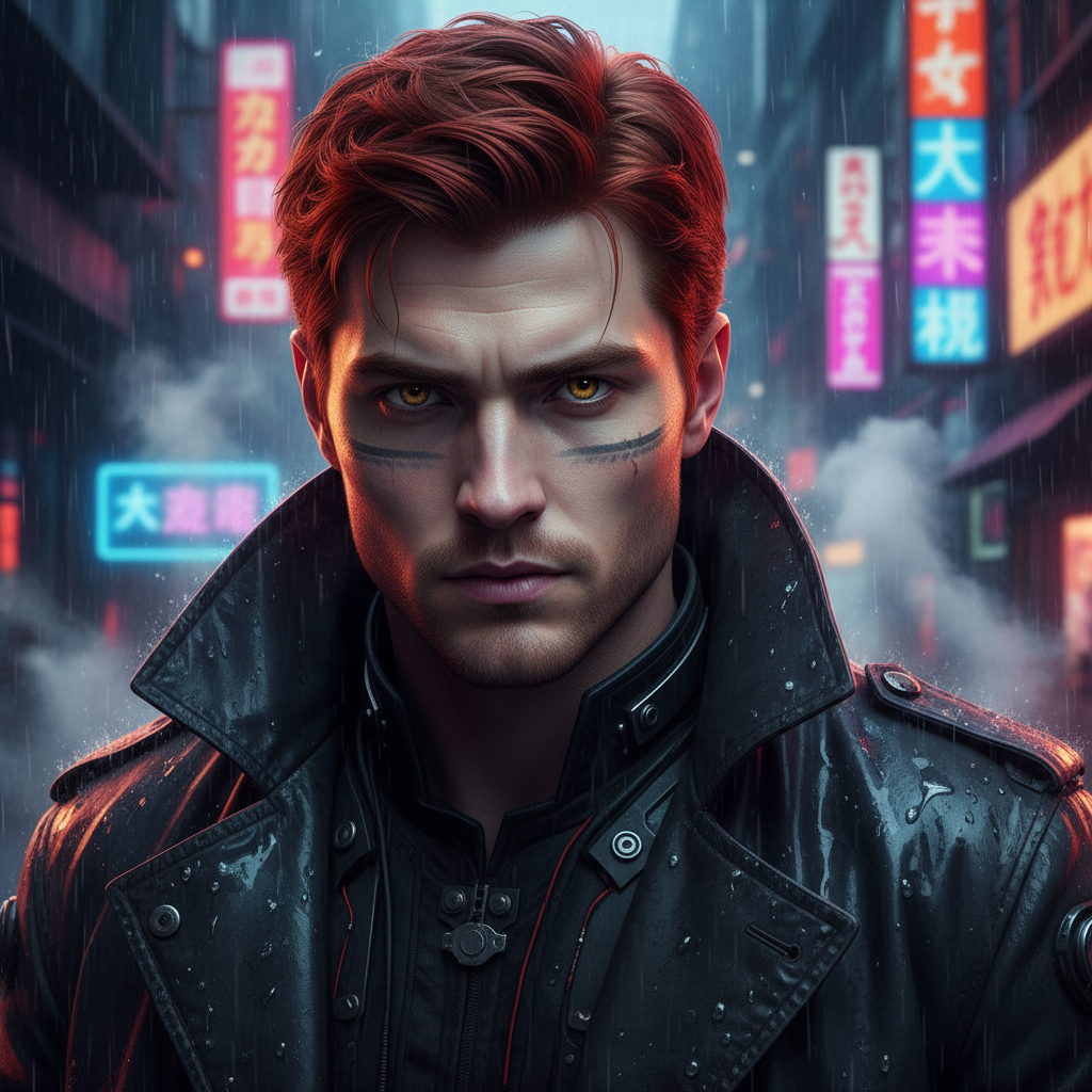 Retrato realista estilo Blade Runner de un hombre de 30 años, pelirrojo, basado en la imagen seleccionada.