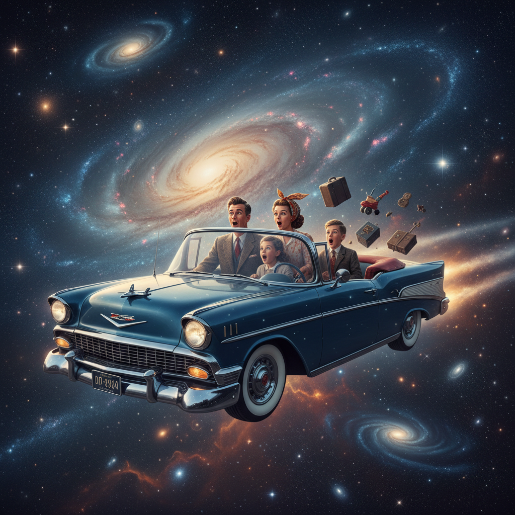 Un auto de los años 50 cruza la galaxia con El padre, la madre y dos hijos sentados en los asientos de atrás. Se ven asombrados