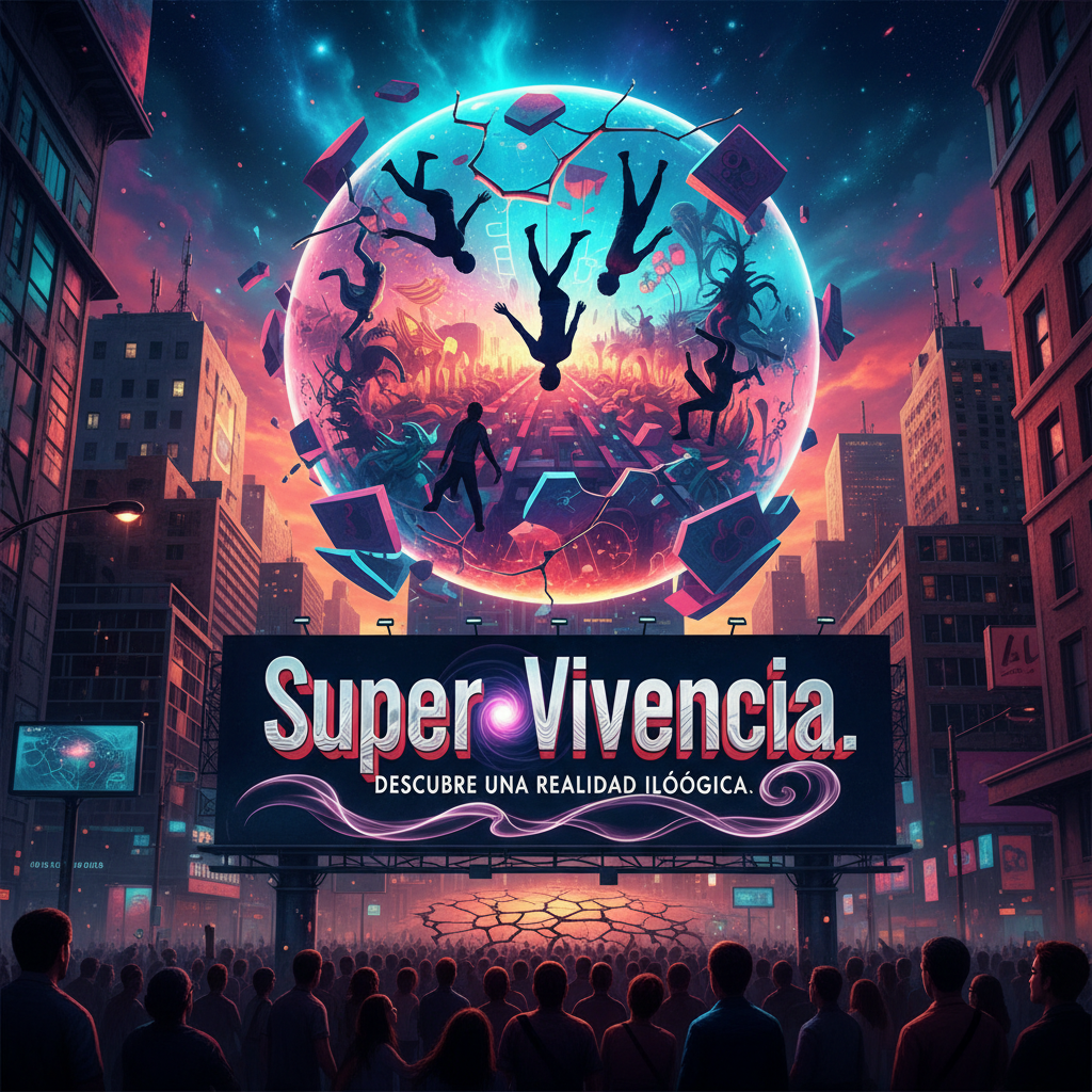 un cartel publicitario creativo para la serie Super.Vivencia, con el texto 'Super.Vivencia.' y un slogan llamativo que invite a descubrir una realidad ilógica