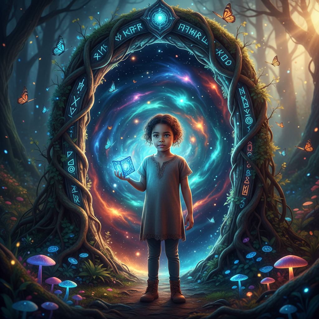 Una niña de 5 años, mulata, ojos verdes, ante una puerta mágica con un cubo azul en la mano