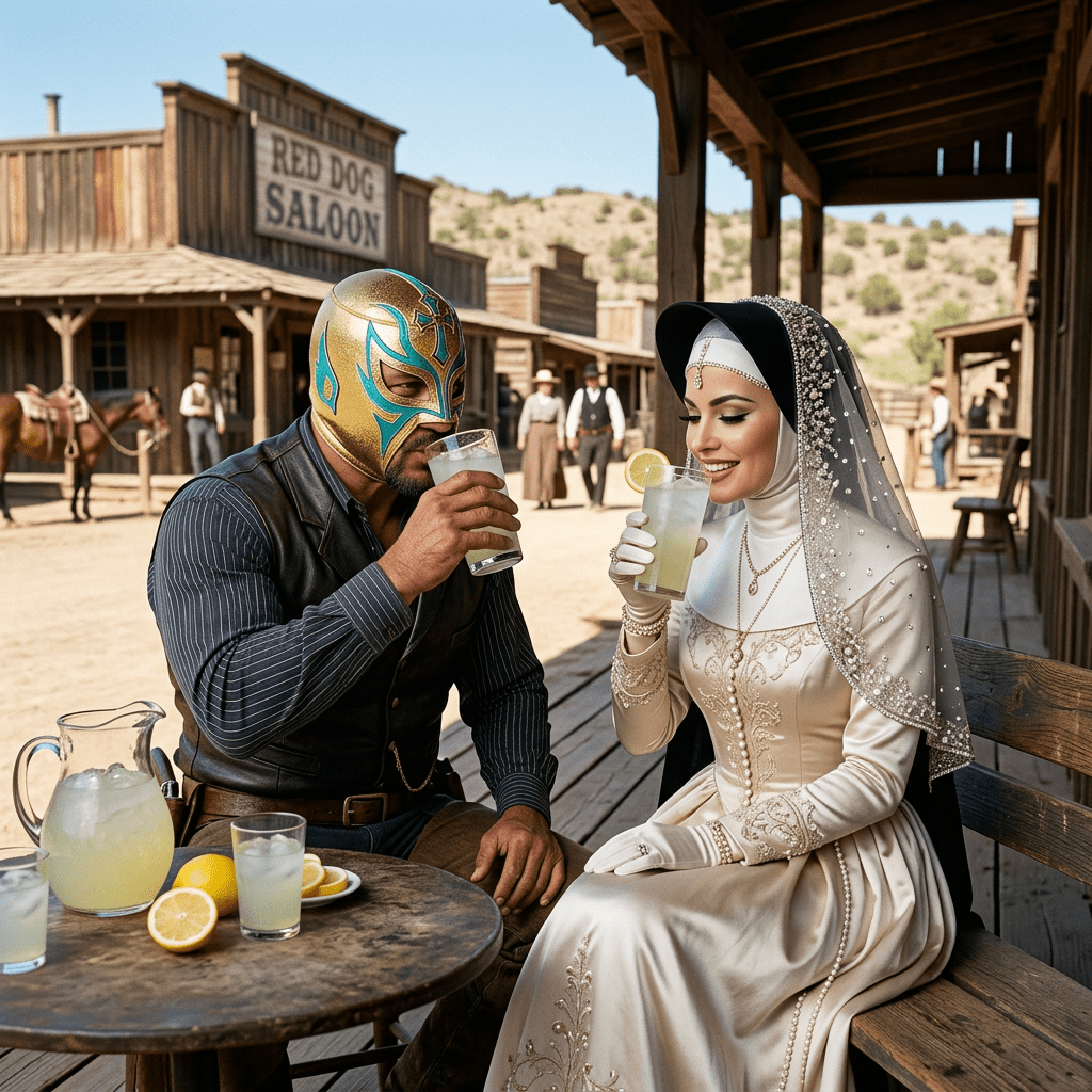 Man in a wrestling mask and leather vest and a woman in elegant traditional clothing drinking lemonade outside a western saloon