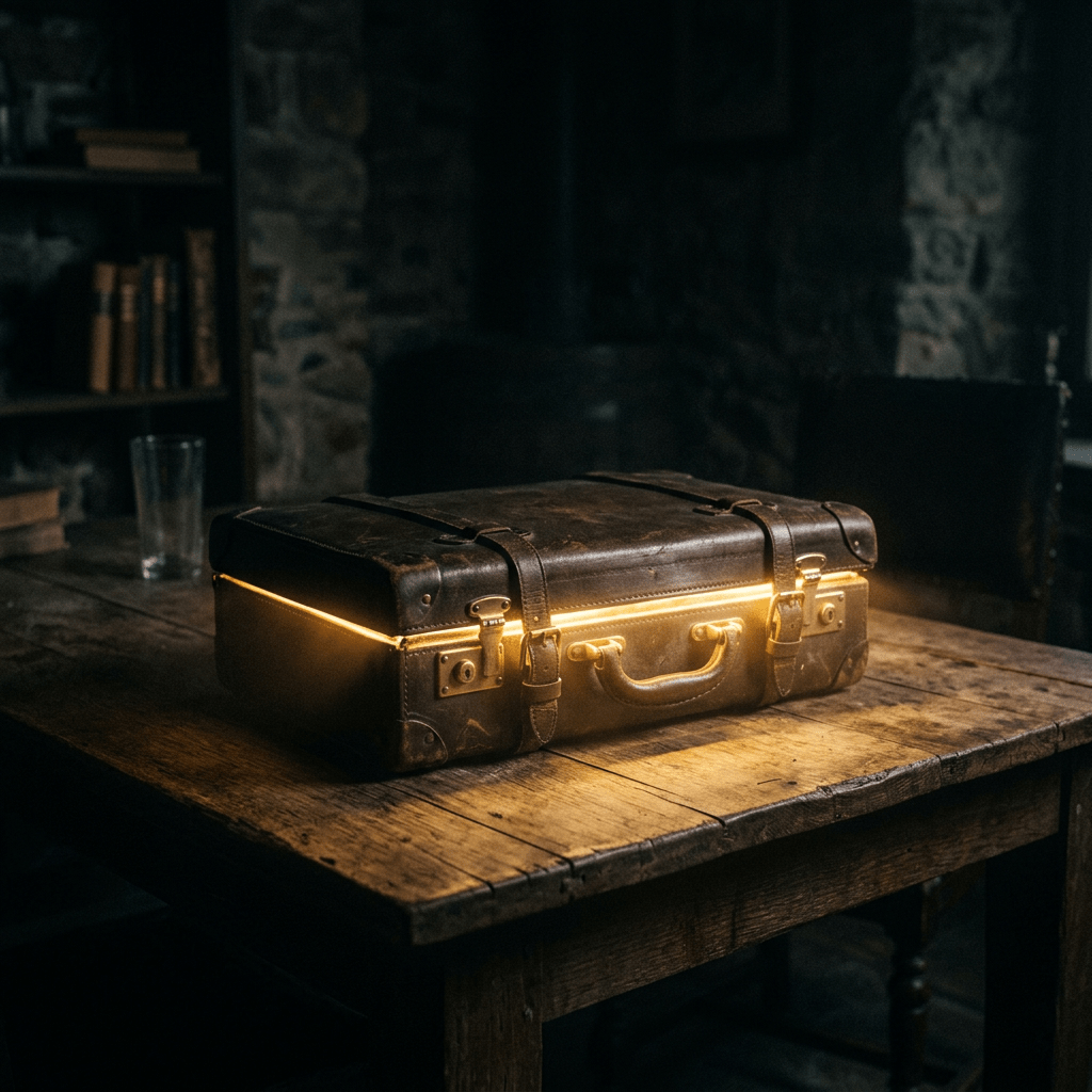 Old leather suitcase emitting yellow light from its slightly opened seams on a wooden table