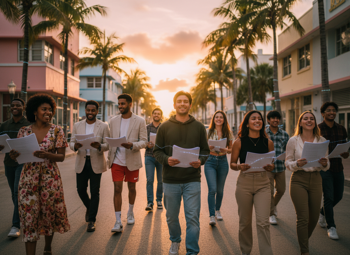 Cinematic photo-realistic wide-angle scene set in Miami at golden hour sunset. A diverse group of young people aged 18-30 — Black, Latino, Asian, Middle Eastern, white, men and women — walk along a Miami street with palm trees, Art Deco buildings, and a warm orange-pink sky. They are spread across different distances from the camera, creating natural depth. Each person holds a paper script or screenplay in their hand at different angles. A subtle, delicate thread of soft blue-white light — thin, gentle, barely visible, like a whisper of static electricity — glides smoothly along the surface of each script page, passing quietly from one script to the next. The light is soft and understated, skimming the paper surface like a faint luminous trace, not dramatic or harsh. Varied expressions: some smiling warmly, some laughing, one deeply thoughtful, another with a curious look. Wide variety of outfits: streetwear, linen blazer, crop top, hoodie, floral dress, athletic shorts, elegant blouse, vintage tee. Warm golden sunset light — long shadows, amber and rose tones on skin and buildings. Cinematic depth of field, high production quality, sophisticated and uplifting mood.